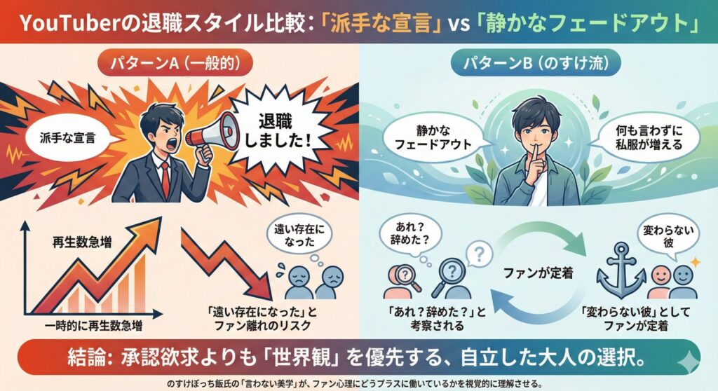 YouTuberの退職スタイル比較:「派手な宣言」vs「静かなフェードアウト」