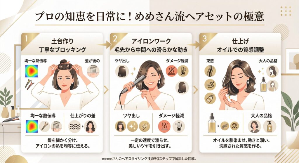memeさん流・大人のツヤ髪スタイリング3ステップ