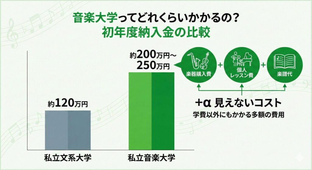 私立音楽大学の学費が一般私立大学の約2倍であることを示す比較棒グラフ。学費以外に楽器代などのコストもかかることを図示