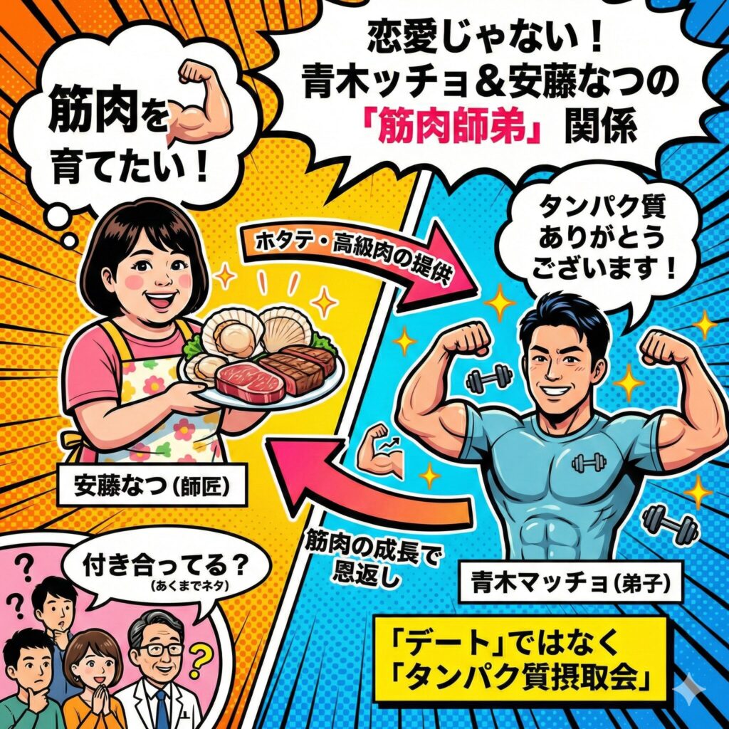 安藤なつが青木マッチョにホタテを与え、青木が筋肉ポーズで応えるイラスト。二人の関係が恋愛ではなく師弟関係であることを示す図解