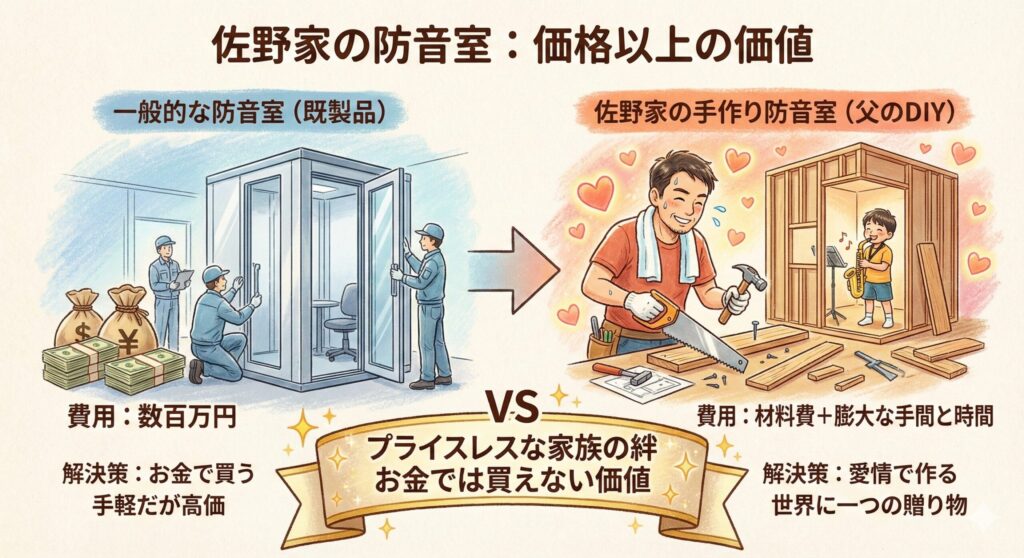 一般的な防音室の価格と、佐野晶哉の父が手作りした防音室の手間と愛情を対比させたイラスト