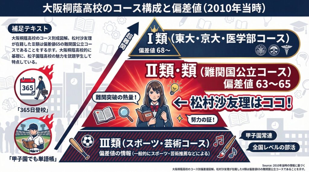 大阪桐蔭高校のコース別偏差値図解。松村沙友理が在籍したII類は偏差値65の難関国公立コースであることを示す