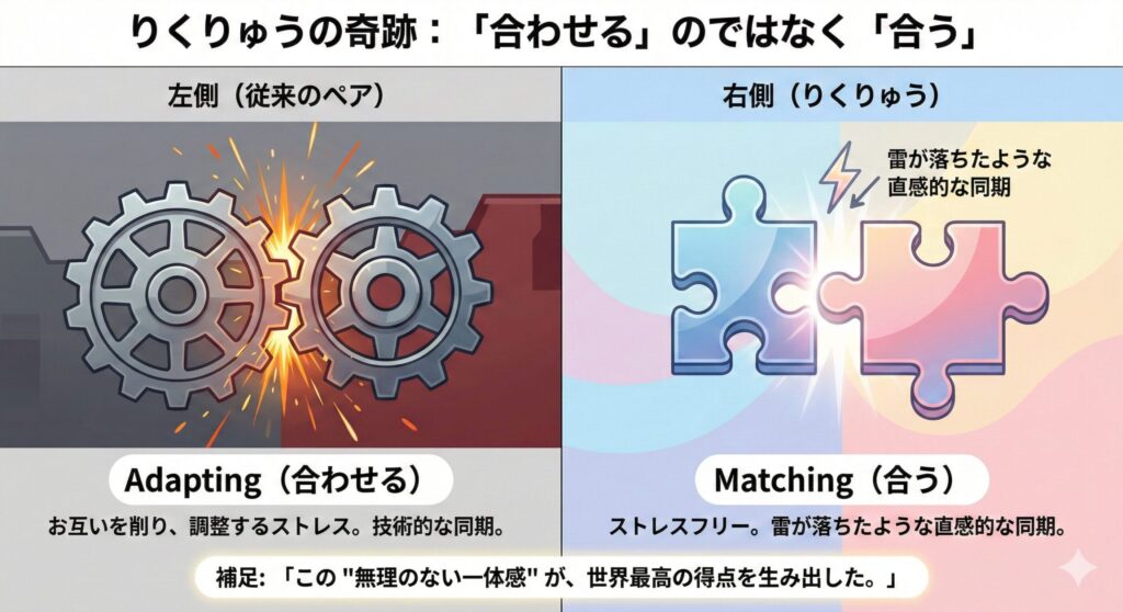 従来のペアが努力して合わせるのに対し、りくりゅうはパズルのピースのように自然に噛み合う相性であることを示す比較図
