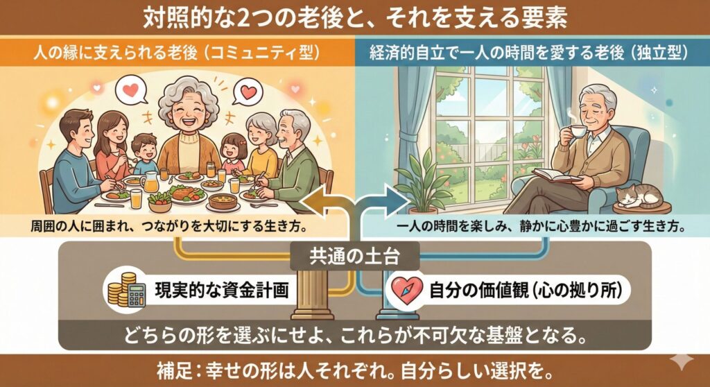 コミュニティに支えられる老後と自立した一人の老後を比較し、共通して必要な資金と価値観を示す図解