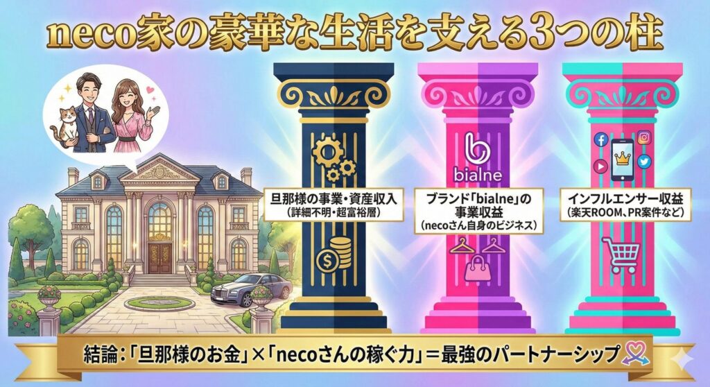 neco家の収入源の内訳イメージ。旦那様の収入に加え、自身のブランド事業とインフルエンサー活動が大きな柱となっている