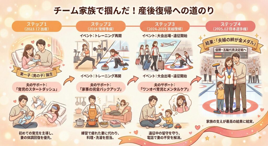 吉村紗也香選手の出産から日本選手権優勝までのタイムライン。各段階で夫が家事や育児、メンタルケアを行っている様子を図解