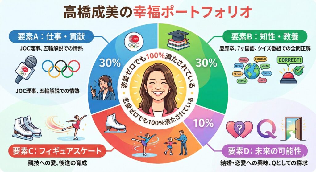 高橋成美の人生の充実度を示す円グラフ。仕事、知性、フィギュアスケートが大部分を占め、恋愛は未来の可能性として一部に含まれている。