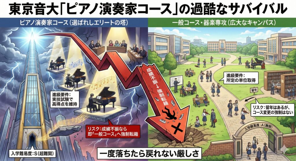 東京音楽大学ピアノ演奏家コースの厳しい進級要件を図解。成績不振者は一般コースへ強制転籍となるシステムを示している。