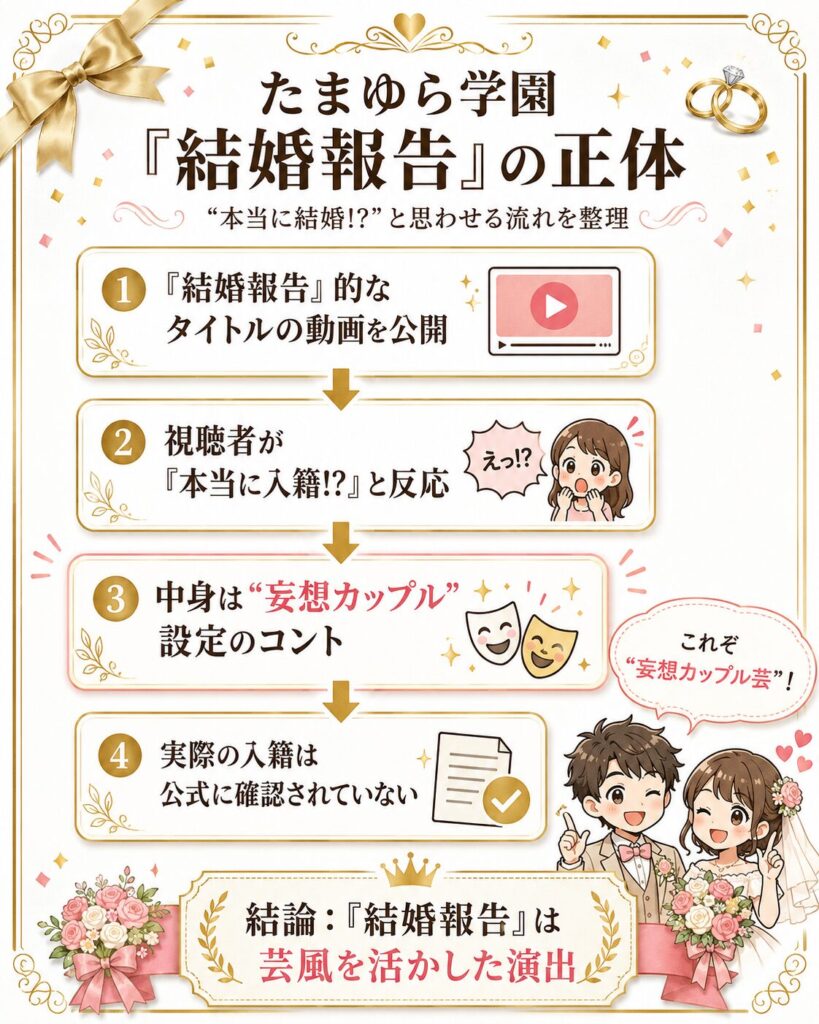 たまゆら学園の結婚報告動画が妄想ネタである流れを示したフロー図