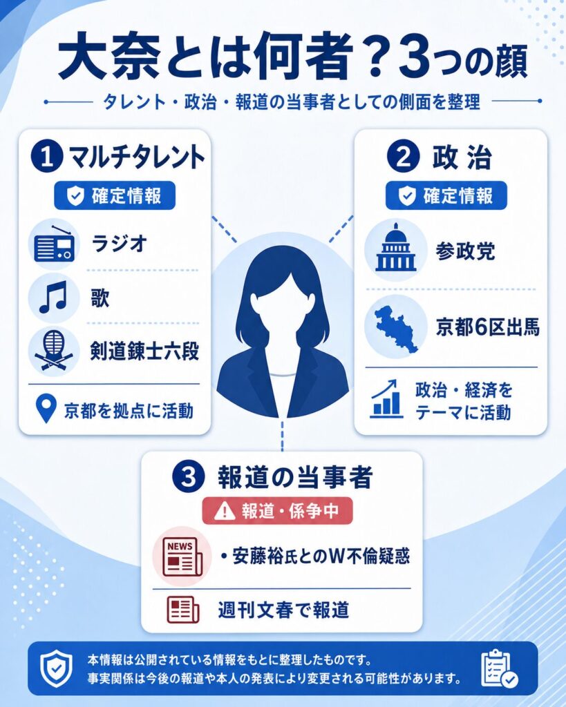 大奈のプロフィールを「タレント・政治・報道」の3つの顔で整理したインフォグラフィック