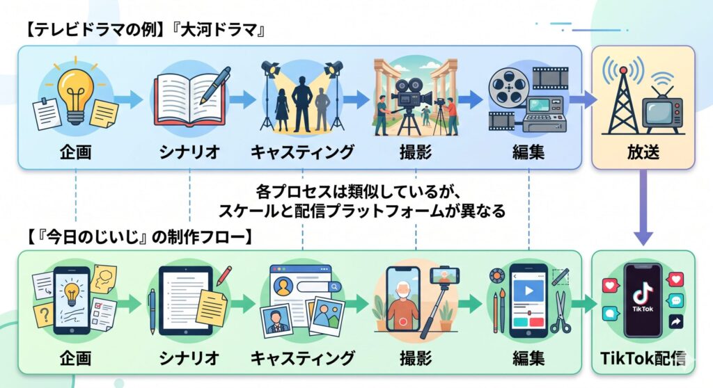 企画 → シナリオ → キャスティング → 撮影 → 編集 → 放送