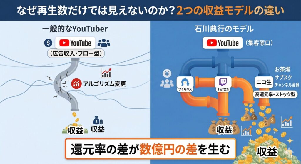 広告収入モデルとファン直接課金モデルの比較図解
