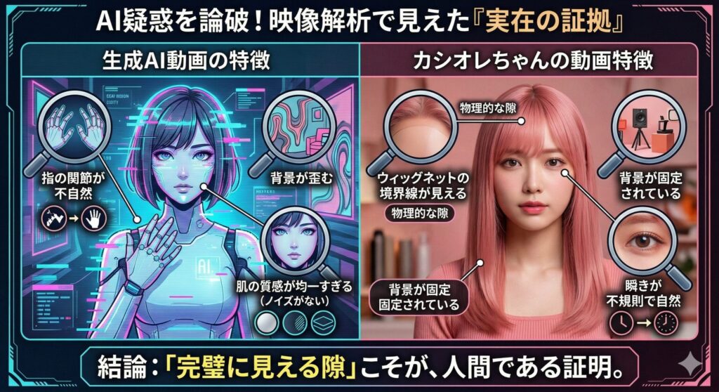 AI生成動画とカシオレちゃんの動画特徴の比較図解