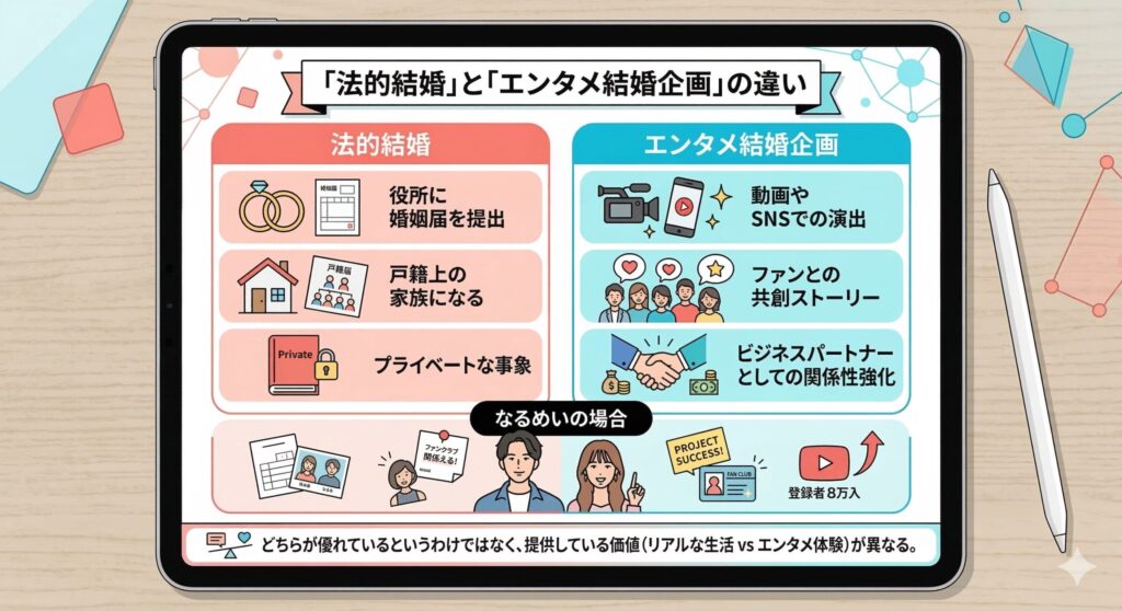 法的結婚とエンタメ結婚（推しカプ企画）の比較図解