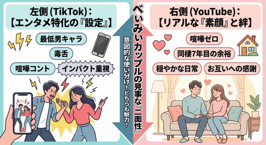べぃみぃカップル：TikTok演出 vs YouTubeの素顔 比較図