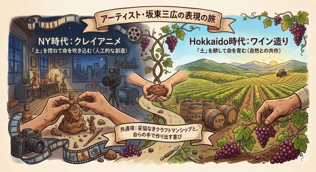 坂東三広氏の経歴図解。NYでのクレイアニメ制作から北海道でのワイン醸造へ、土を通じた芸術活動の変遷。