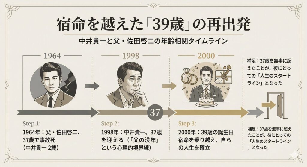 中井貴一と父・佐田啓二の年齢相関タイムライン