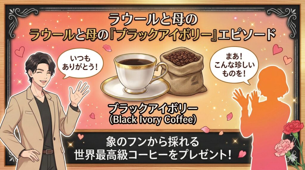ラウールが母の日に贈った高級コーヒー「ブラックアイボリー」のイラスト。仲の良い親子関係を表現。