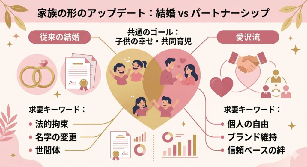 従来の結婚と愛沢流パートナーシップの比較