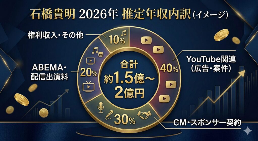 石橋貴明の2026年推定年収の内訳を示す円グラフ。YouTubeが4割、CMが3割を占める