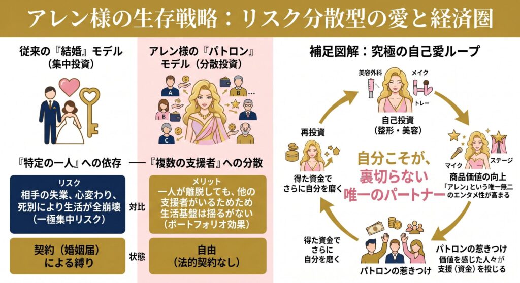 「結婚（集中投資）」と「パトロンシステム（分散投資）」の対比