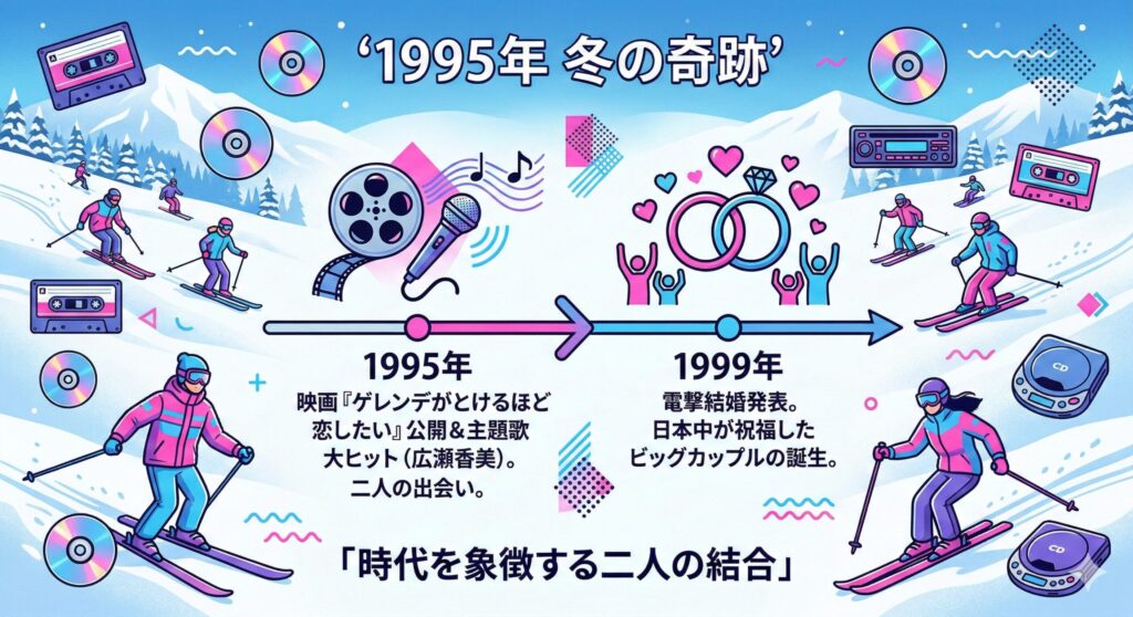 1995年のスキーブームと広瀬香美・大沢たかおの出会いを象徴するイメージイラスト