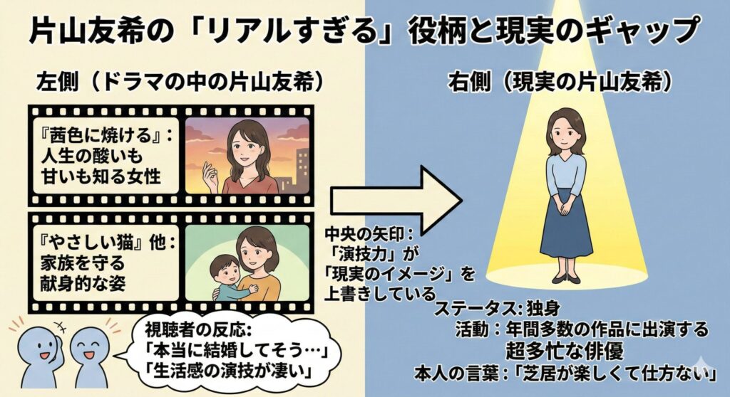 片山友希のドラマでの母親・妻役のイメージと、現実の独身で仕事に邁進する姿を対比させた図解。