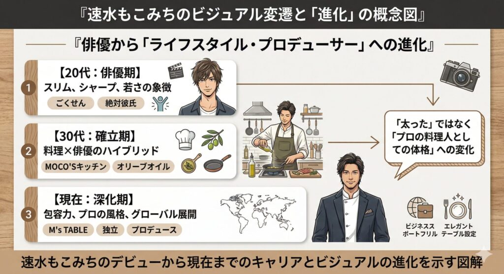 速水もこみちのビジュアル変遷と「進化」の概念図