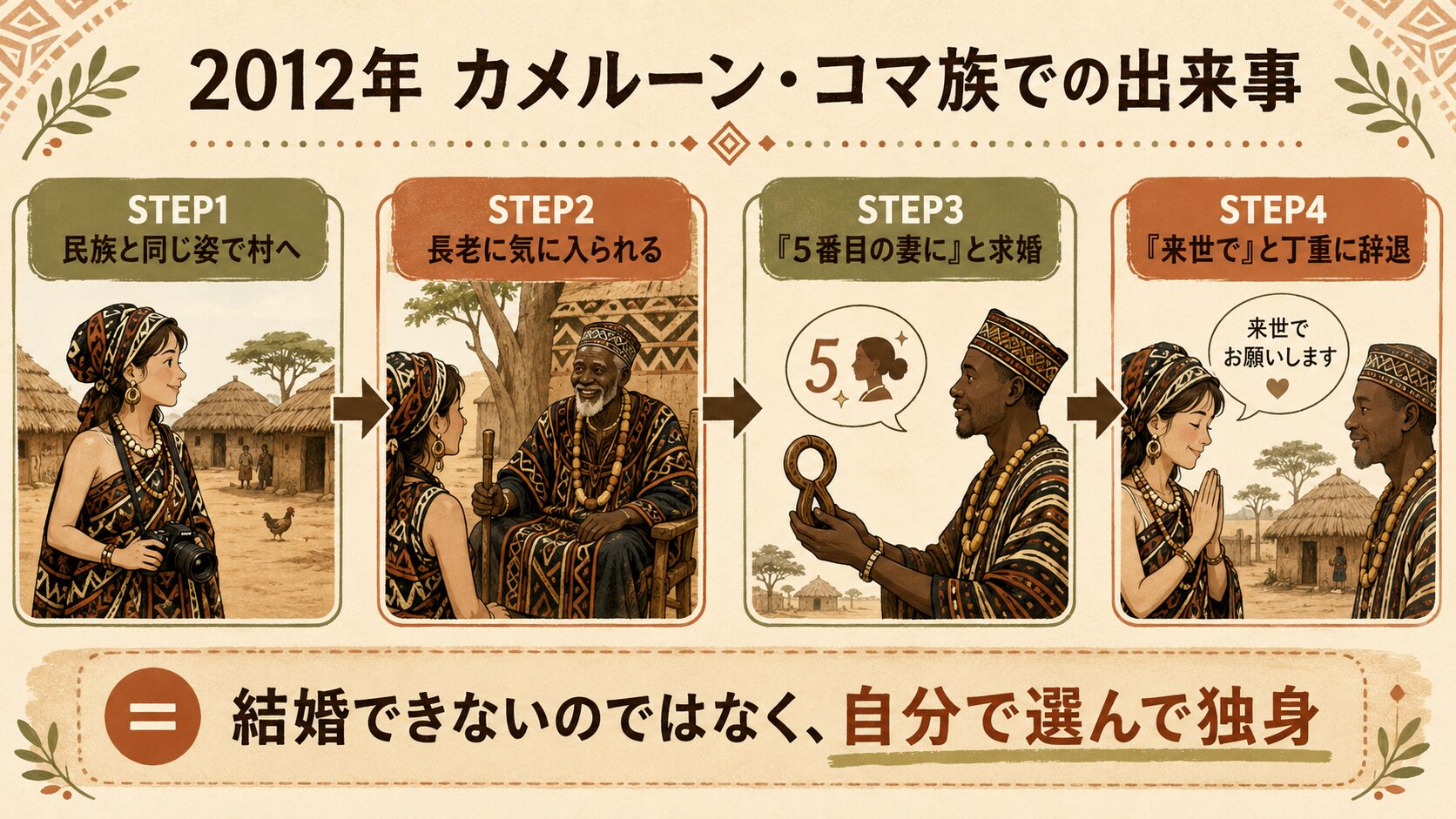 ヨシダナギがコマ族長老から求婚され辞退するまでの流れ図