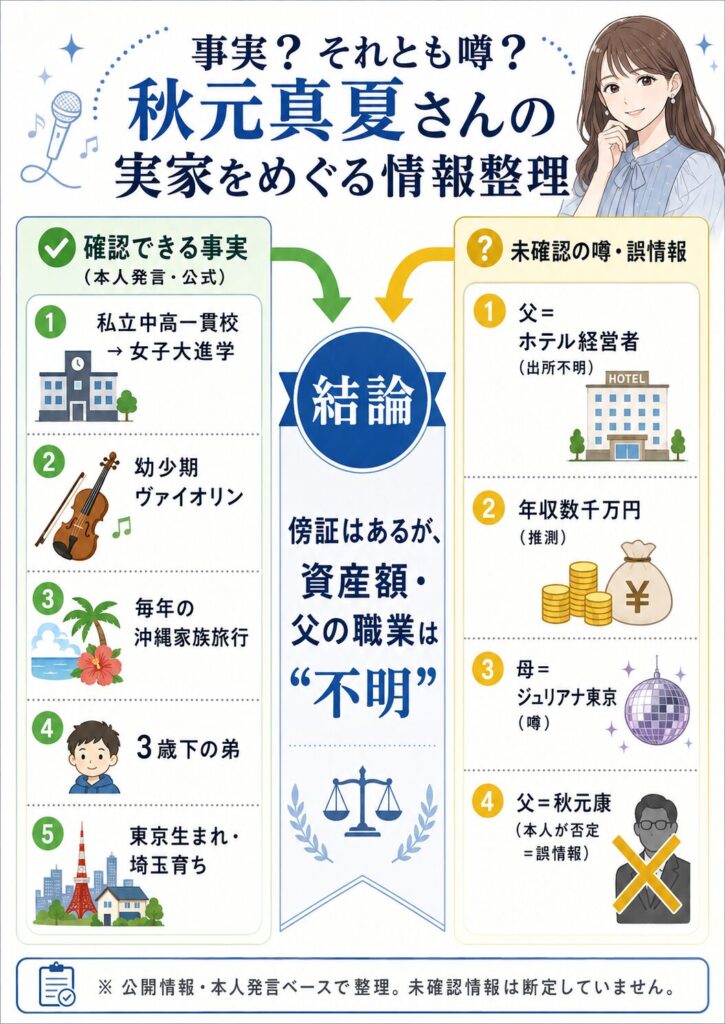 秋元真夏の実家に関する事実と噂を仕分けした比較インフォグラフィック