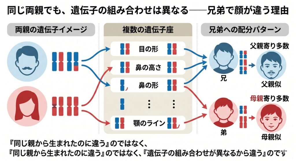 両親の遺伝子が兄弟にどのように配分されるか示す図