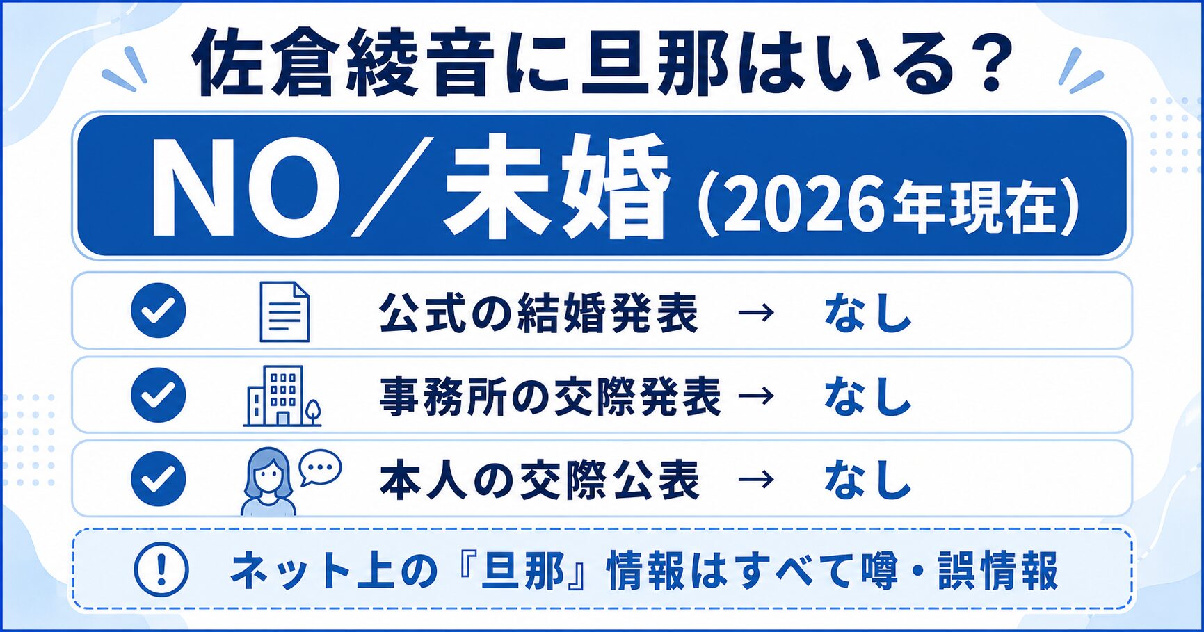 佐倉綾音は2026年現在も未婚で旦那はいないことを示すサマリー図