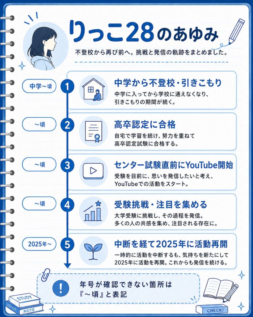 りっこ28の経歴タイムライン(不登校から高卒認定・受験・YouTube活動再開まで)