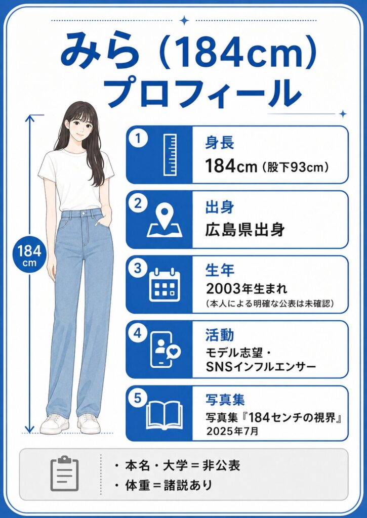 身長184cmのモデルみらの確定プロフィールをまとめたインフォグラフィック（出身・生年・活動・写真集）