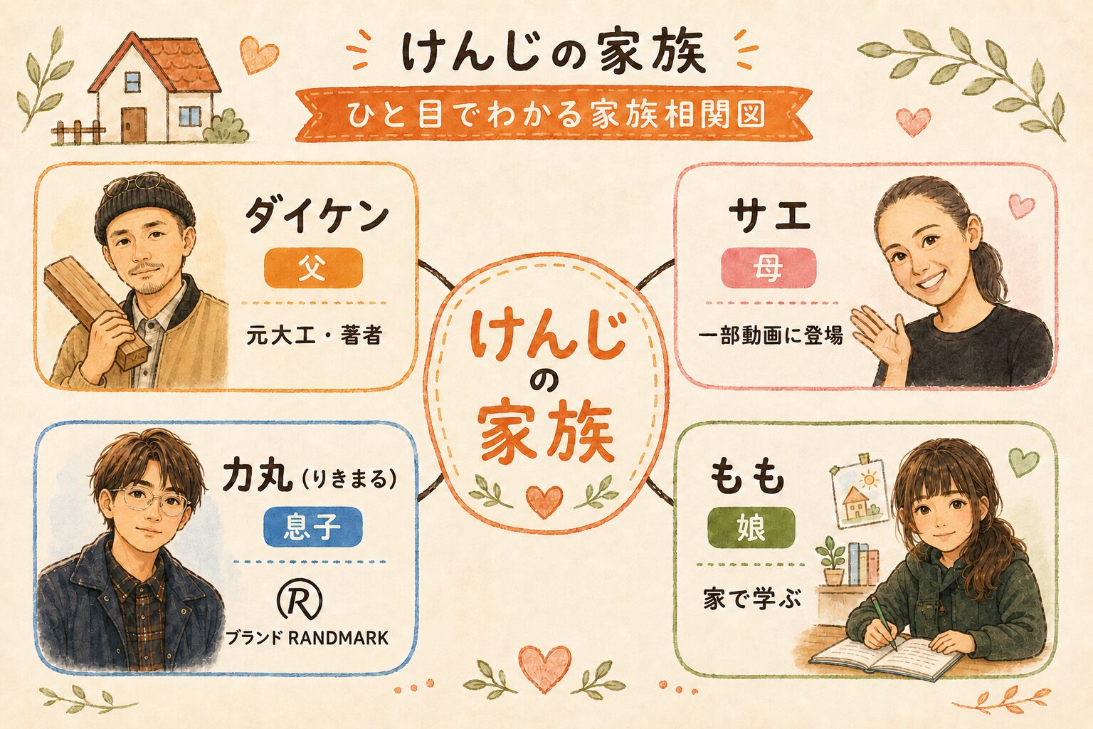 けんじの家族の家族構成をまとめた相関図(父ダイケン・息子力丸・娘もも)