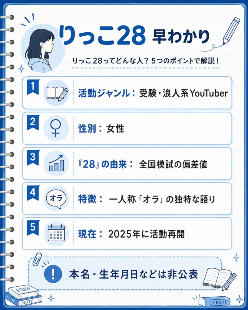 りっこ28のプロフィールを示す早わかりカード(受験系YouTuber・女性・28は偏差値由来)