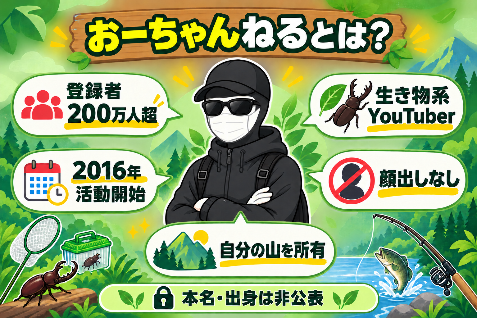 おーちゃんねるのプロフィールを示すインフォグラフィック(生き物系YouTuber・登録者200万人超・顔出しなし)