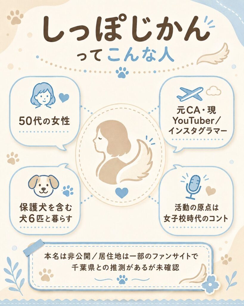 しっぽじかんのプロフィールを図解したカード。50代女性・元CA・犬6匹と暮らすYouTuberであることを示す。