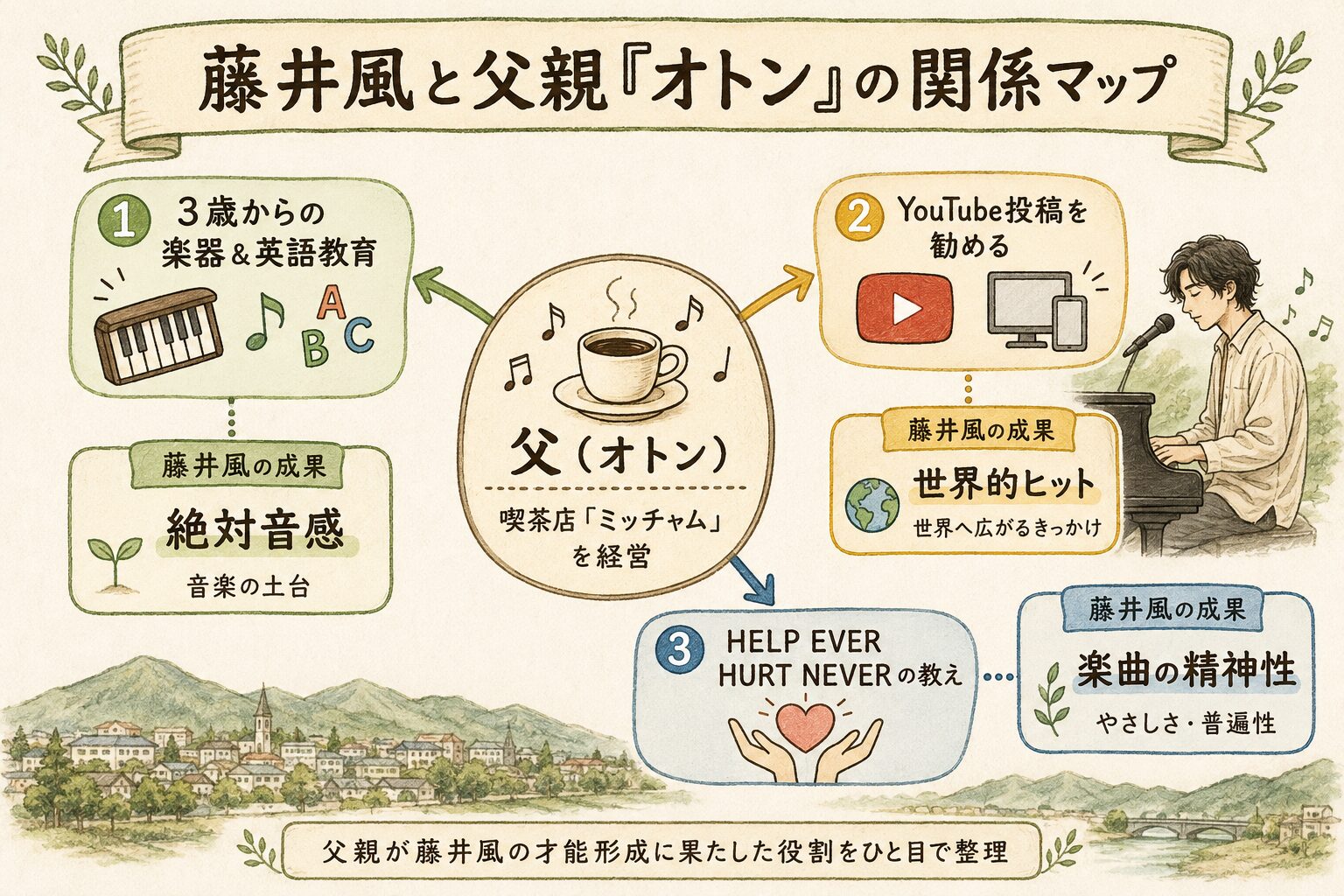 藤井風の父親オトンが与えた3つの影響を示す関係図